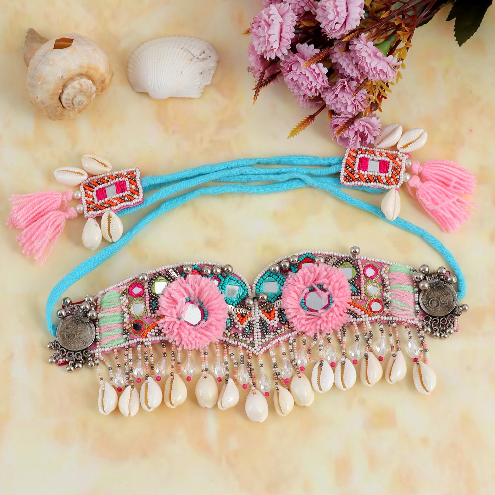 Pink Handcrafted Boho Mirrorwork Choker Necklace image 3