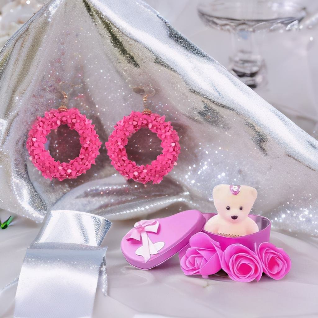 Handmade Drop Dangle Earrings With Pink Teddy Bear Gift Combo Set image 1