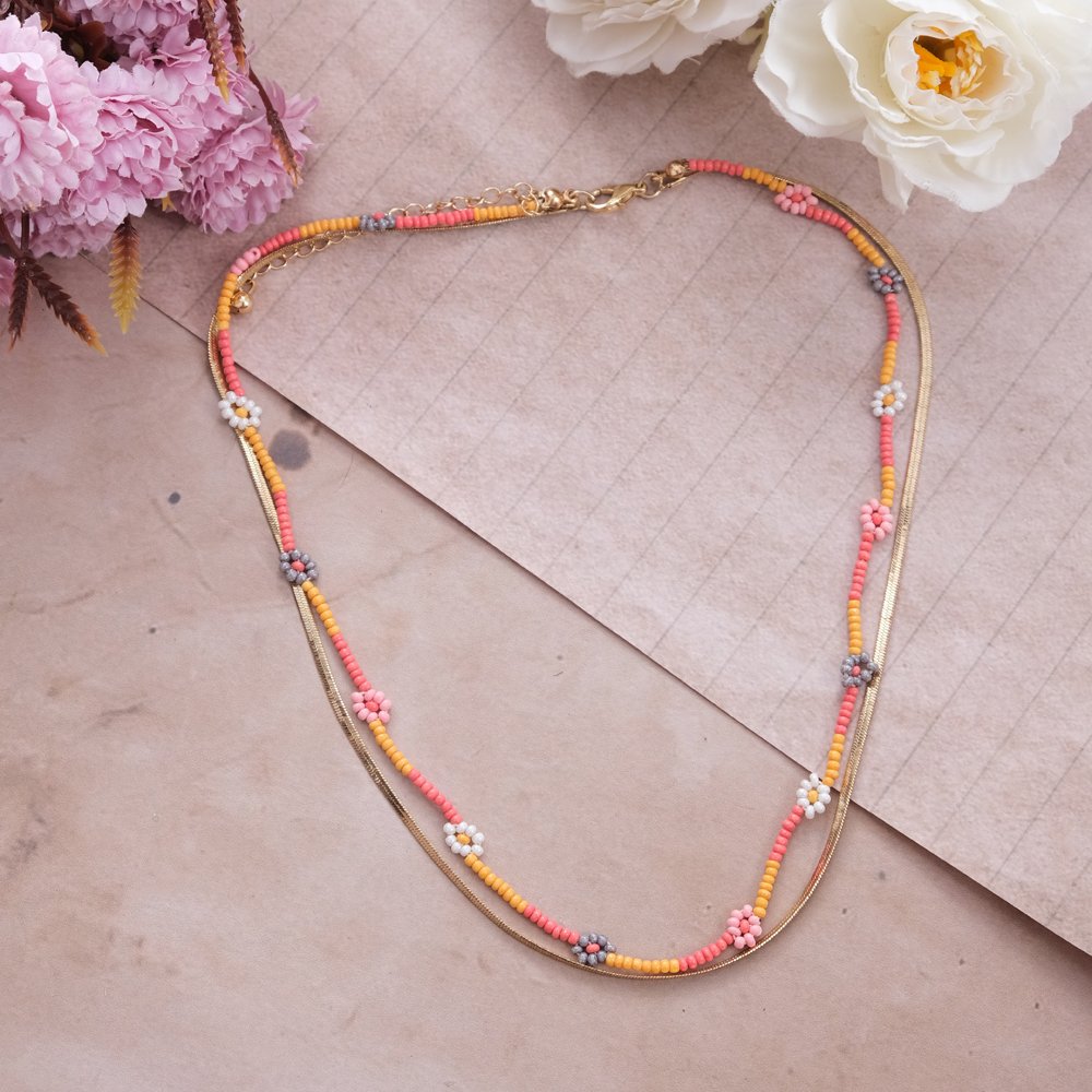 Gold-Plated Chain Pink/Yellow Pearl Beaded Layered Necklace image 0