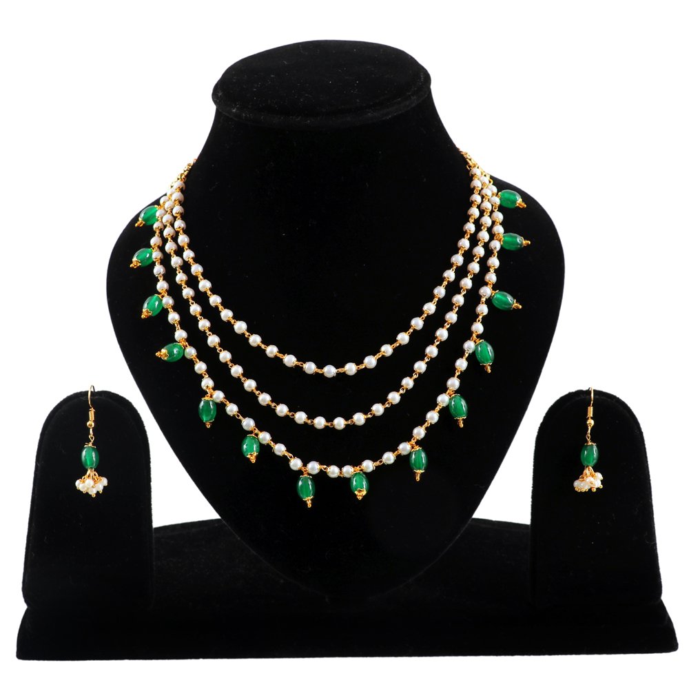 Gold-Plated Triple Layered Green & White Pearl Jewellery Set image 4