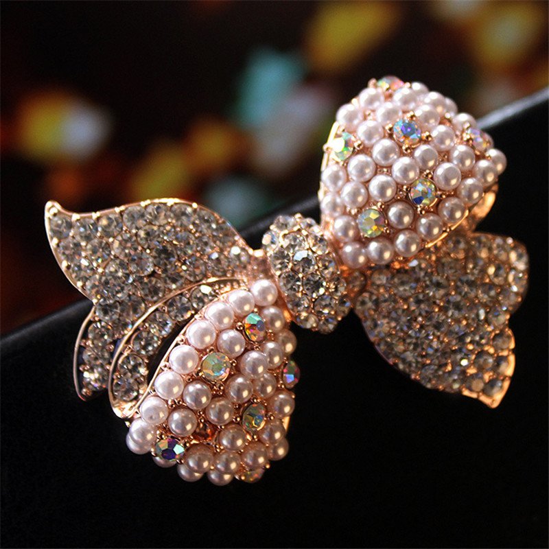 Gold-Plated Crystal/Pearl Bow Knot Brooch image 2