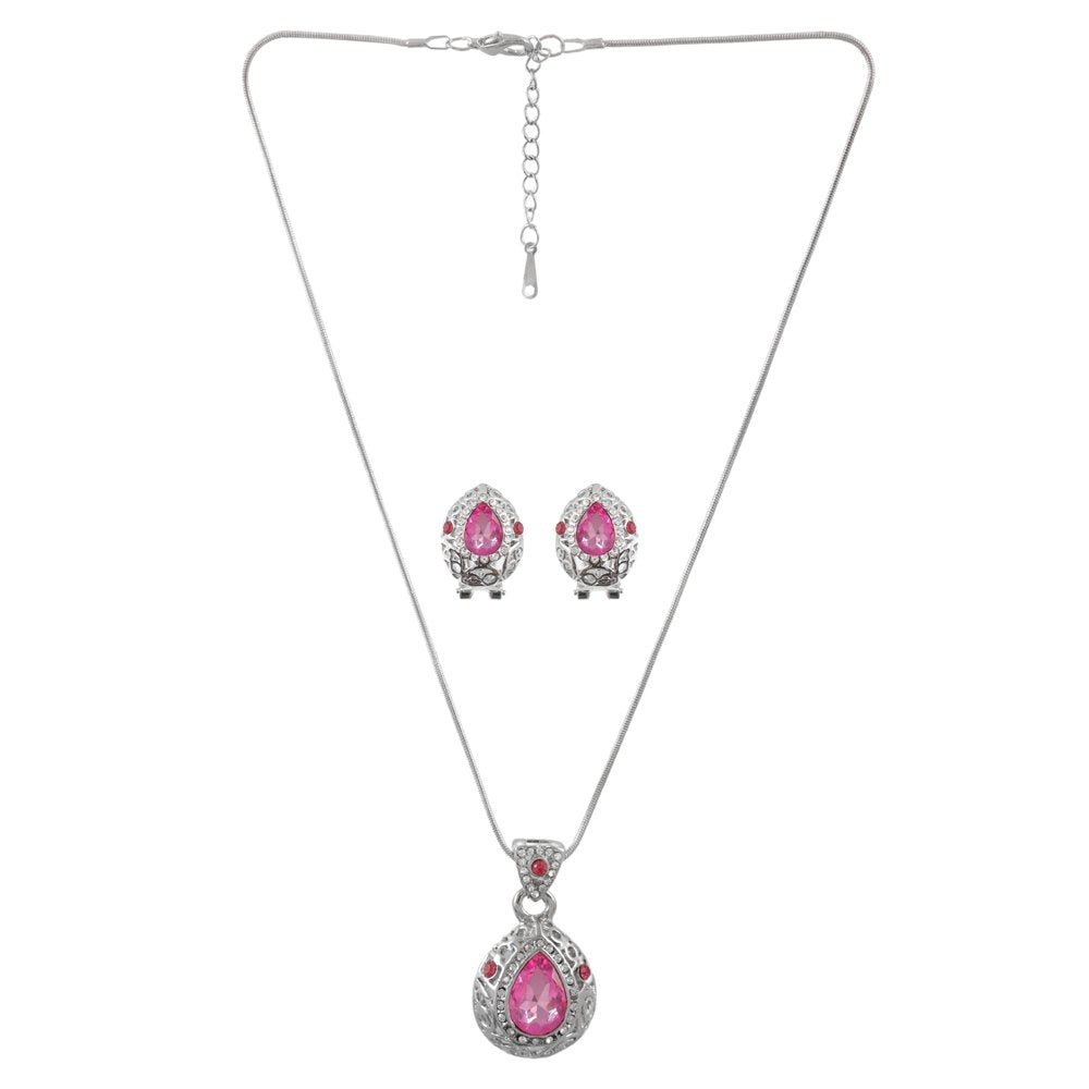 Silver-Plated Crystal Pink Teardrop Pendant Necklace and Earrings Set image 2
