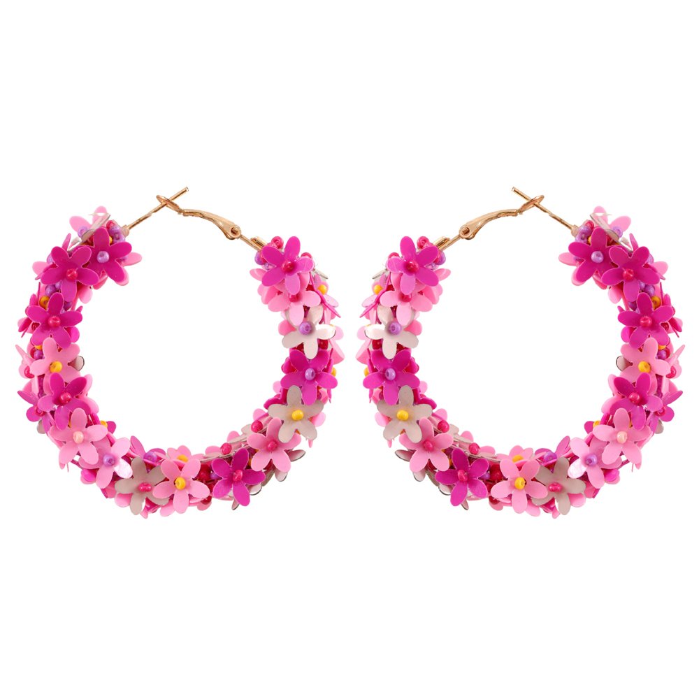 Beaded Pink Floral Hoop Earrings image 3