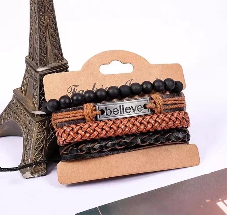 Brown Black Believe Multi-Strand Leather & Beads Charm Bracelet image 0
