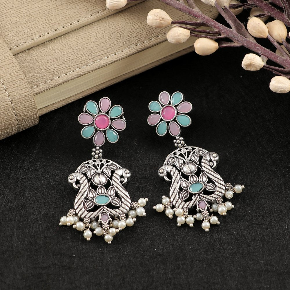 Oxidised Silver Pink & Sea Green Stone Peacock Earrings image 0