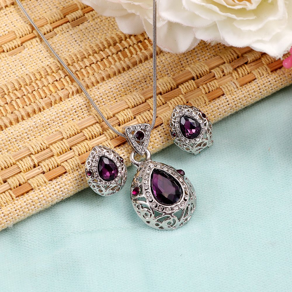 Silver-Plated Crystal Purple Teardrop Pendant Necklace and Earrings Set image 1