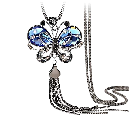 Silver-Plated Blue Crystal Stud Long Tassel Butterfly Pendant Necklace image 1