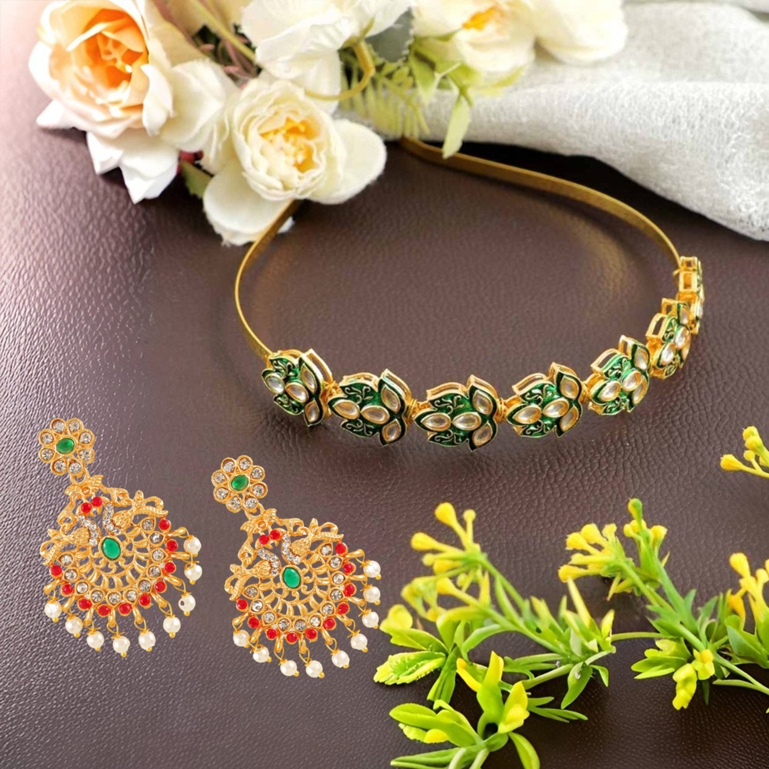 Ethnic Mathapatti Lotus Hairband and Earrings Set image 0