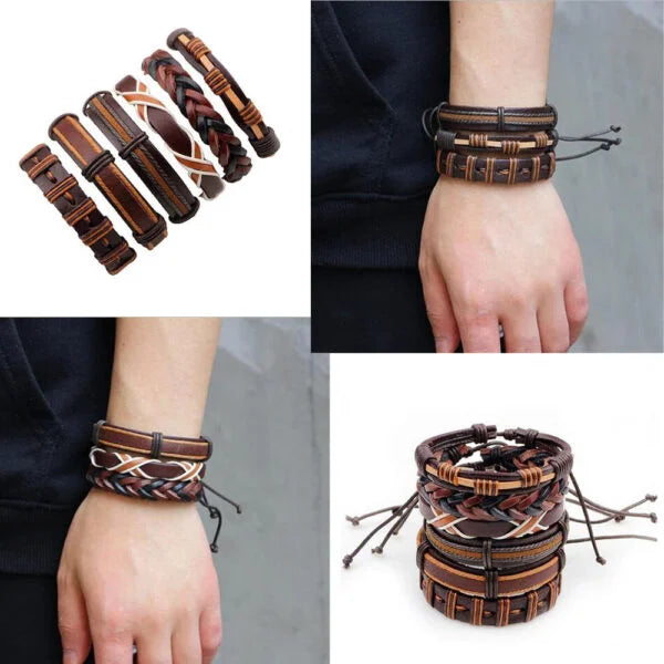 Brown Multi-String Leather Bracelet Set (Pack of 6) image 4