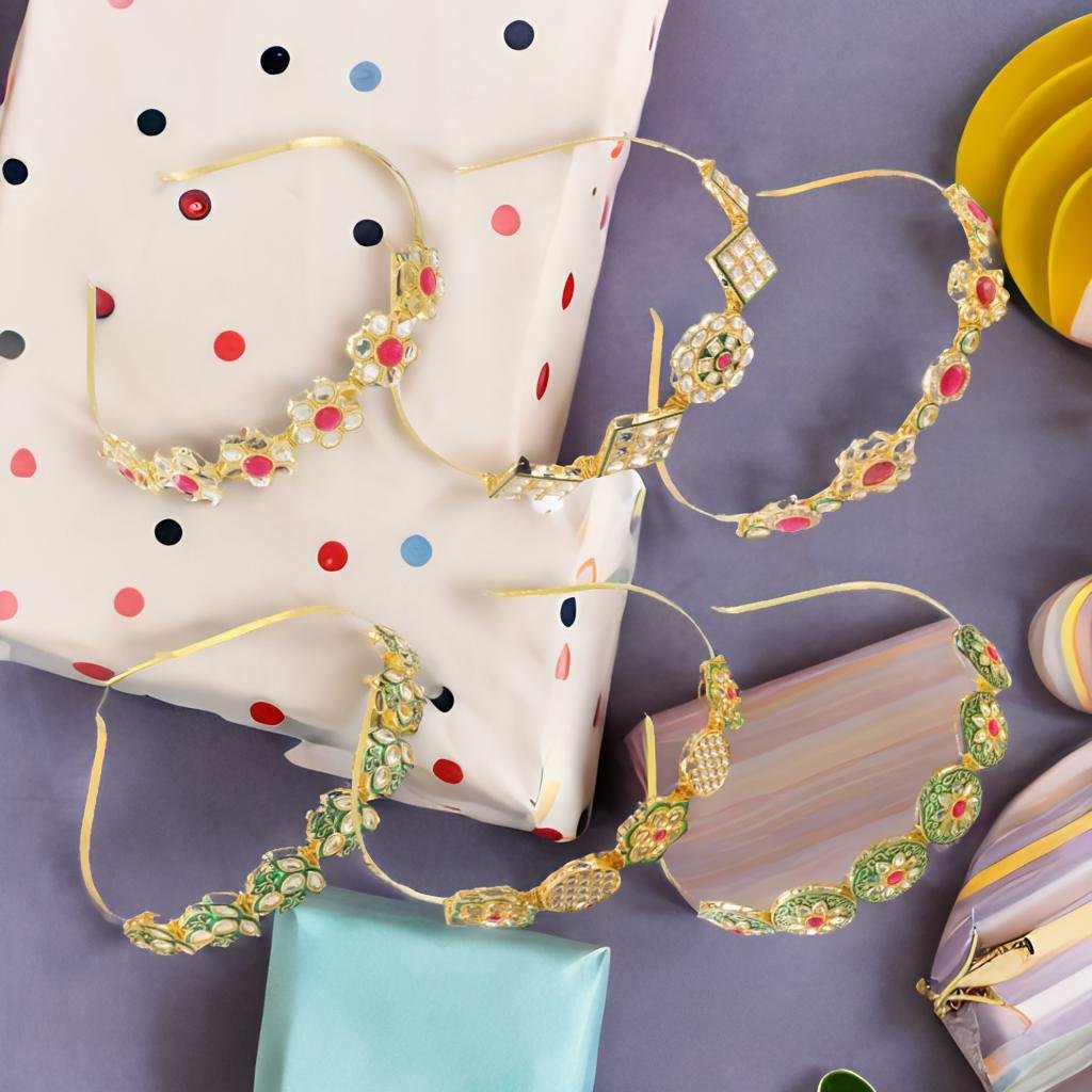 Kundan-Meenakari Floral Hairband Perfect Combo Set (Pack of -6 ) image 0