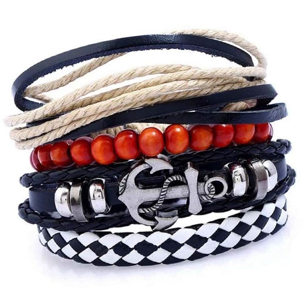 Men's Silver-Plated Anchor Multicolor Leather Wrap Bracelet image 3