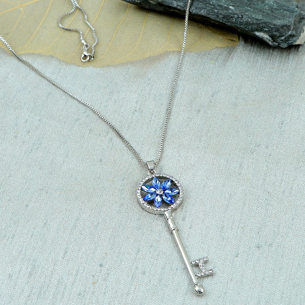 Silver-Plated Blue Crystal Stud Key Chain Pendant Necklace For Women/Girl's image 2
