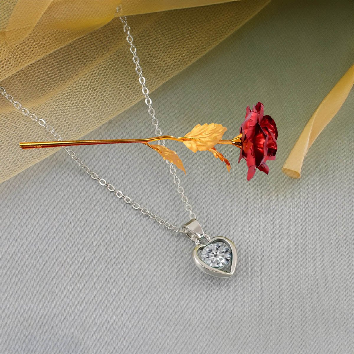 Valentine's Day Heart Pendant Chain & Red Rose Combo Set image 0