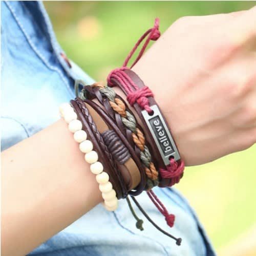 Unisex Believe Multicolor Leather & Beads Charm Multi-Strand Bracelet Men/Women image 1