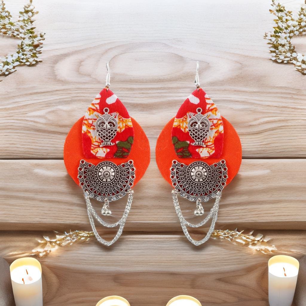Handcrafted Orange Fabric Owl Pattern Dangler Earrings image 3