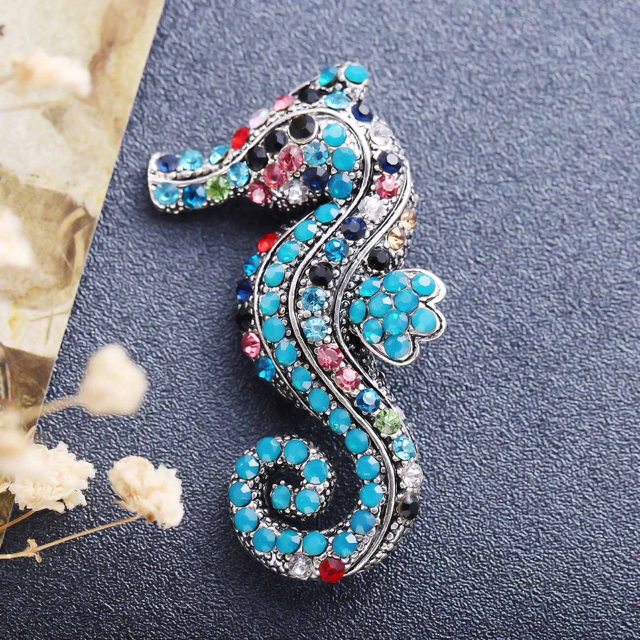 Silver-Plated Blue Crystal Sea Horse Brooch image 0