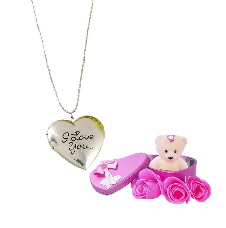 I Love Photo Frame Heart Pendant Chain & Pink Teddy Bear Combo Gift Set image 3