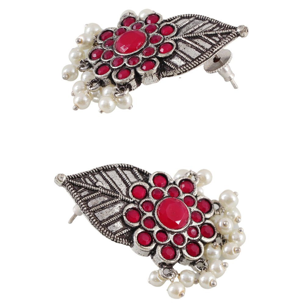 Oxidized Silver Leaf Red Stone/Pearl Stud Earrings image 3