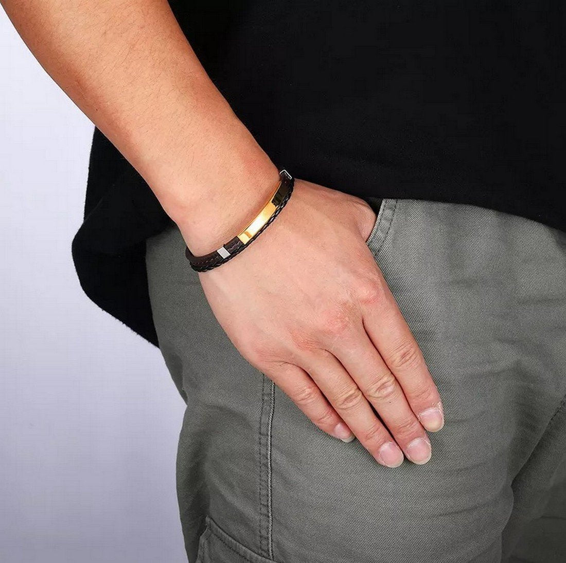 Bold Gold-Tone Double Wrap Black Bracelet for Men image 2