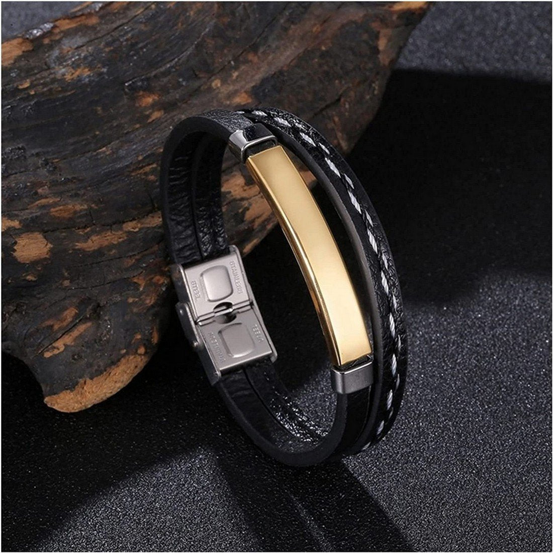 Bold Gold-Tone Double Wrap Black Bracelet for Men image 1