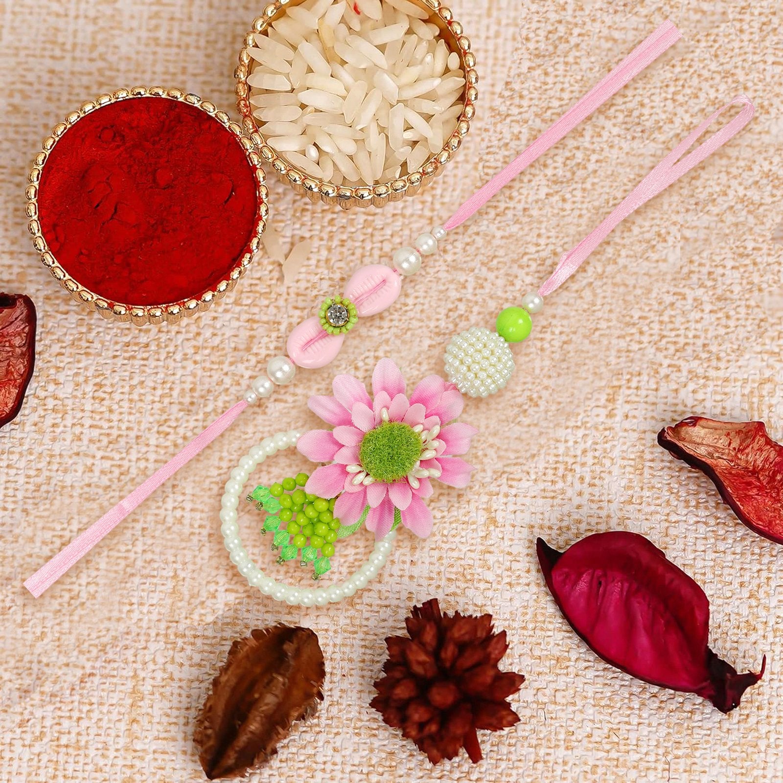 Set Of 2 Handcrafted Floral Beaded Bhaiya Bhabhi Rakhi image 1