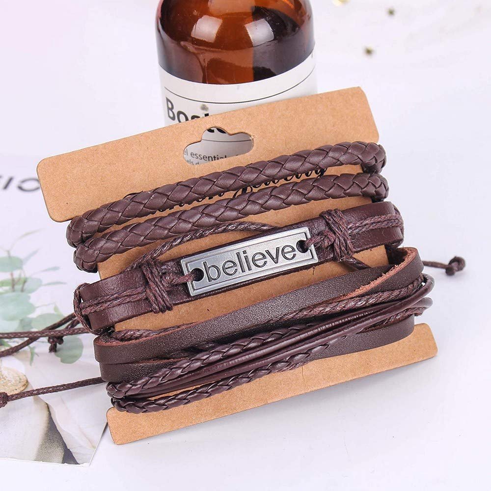 Believe Brown Leather Bracelet Set Multiple Strands for Men Pack of 4 image 0