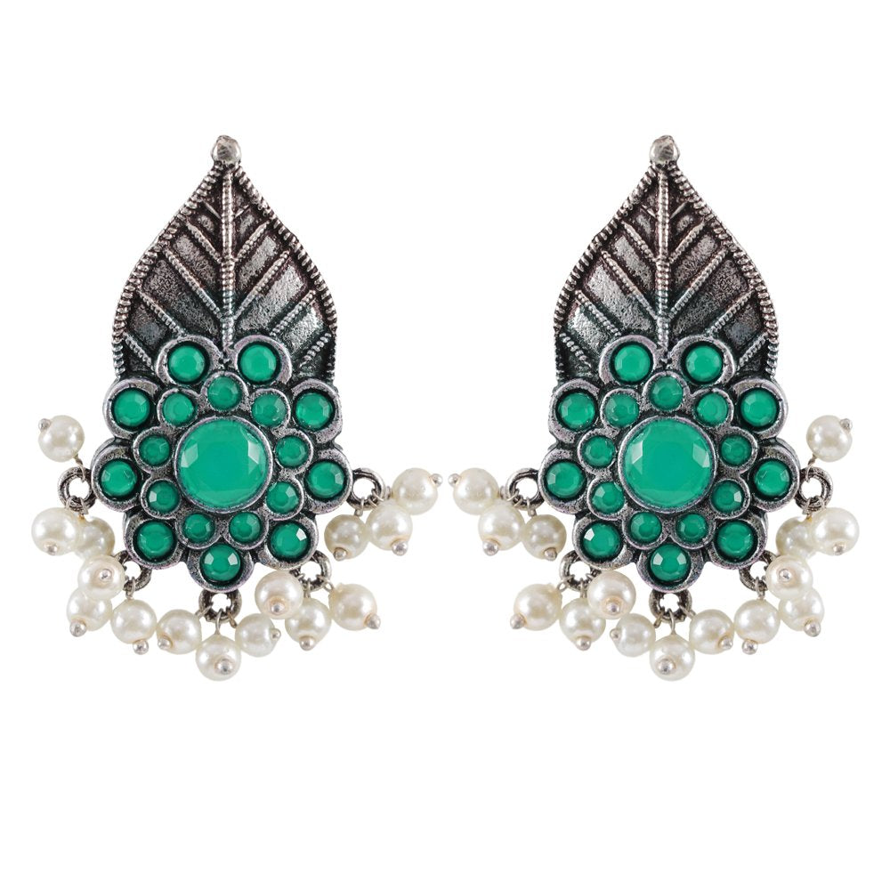 Oxidized Silver Leaf Green Stone/Pearl Stud Earrings image 4