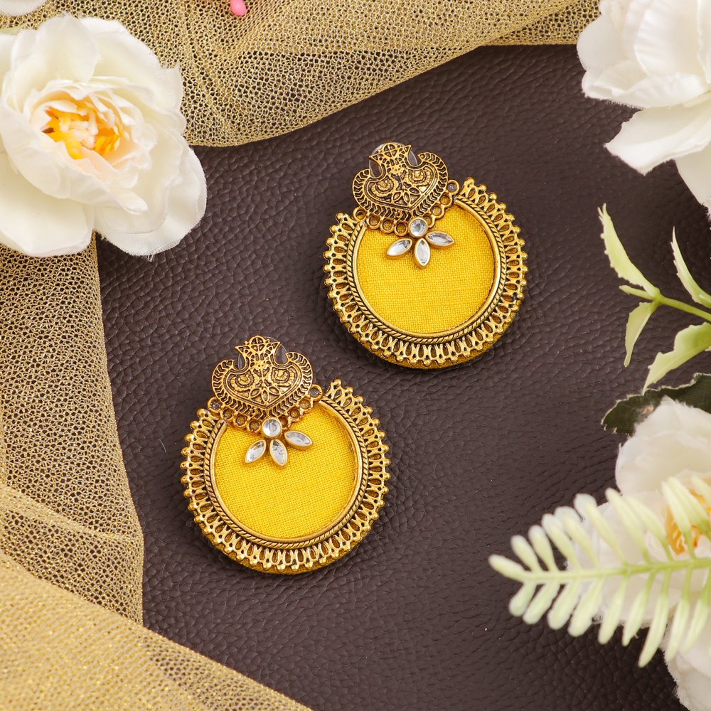 Gold-Plated Handcrafted Kundan Yellow Fabric Drop & Dangler Earrings image 3