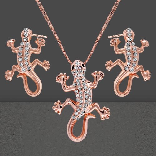 Gold-Plated Crystal Lizard Necklace & Earrings Set image 1