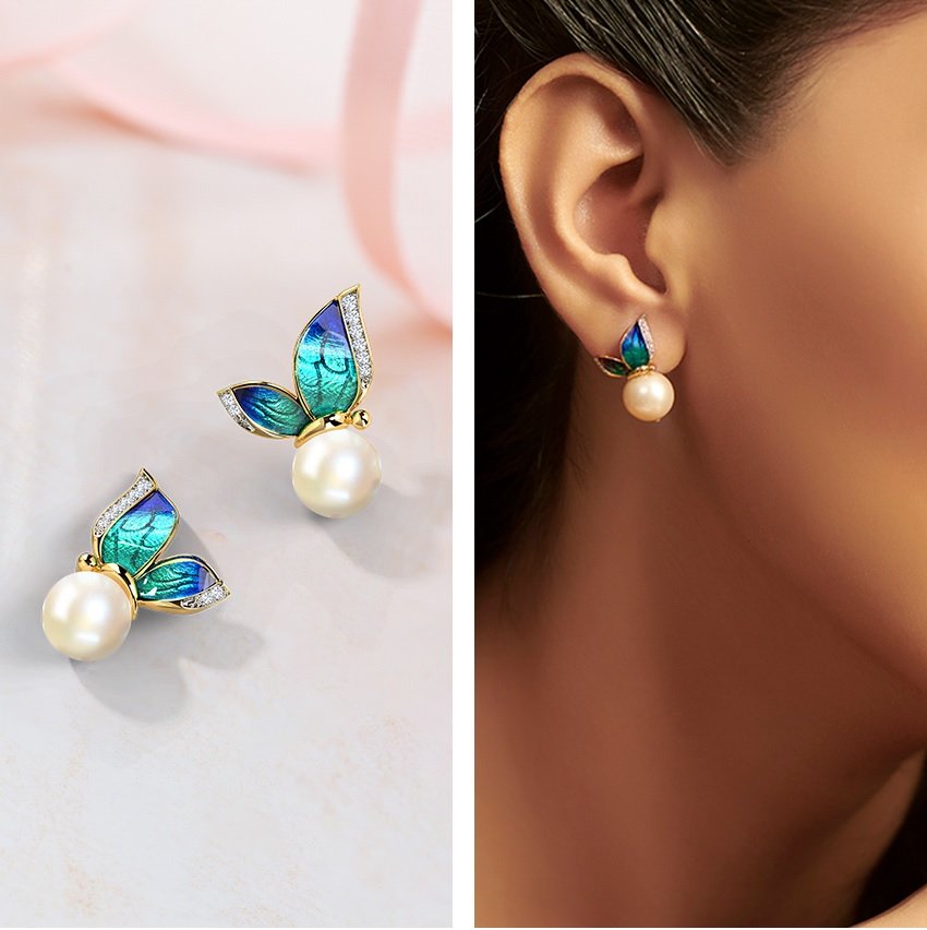 Gold-Plated Blue Butterfly Pearl Stud Earring For Women/Girl's image 1