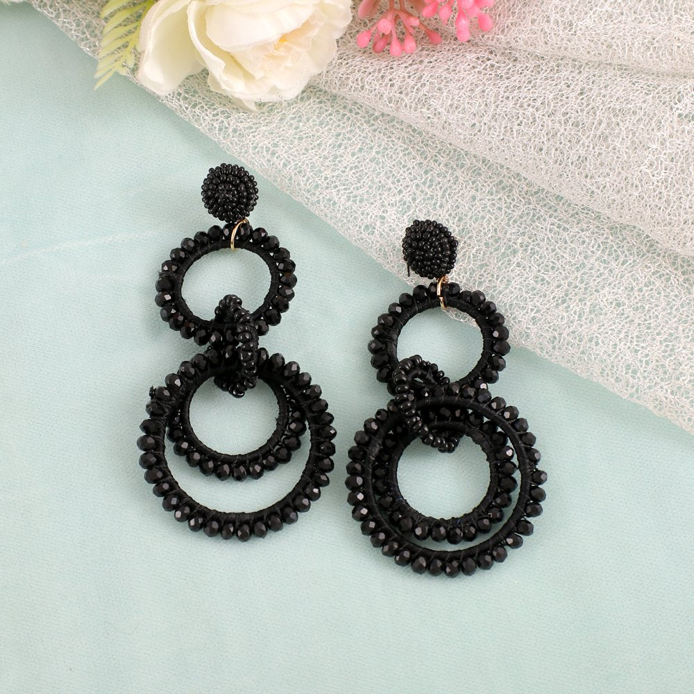 Black Beaded Two Ring Double Layered Earrings image 2