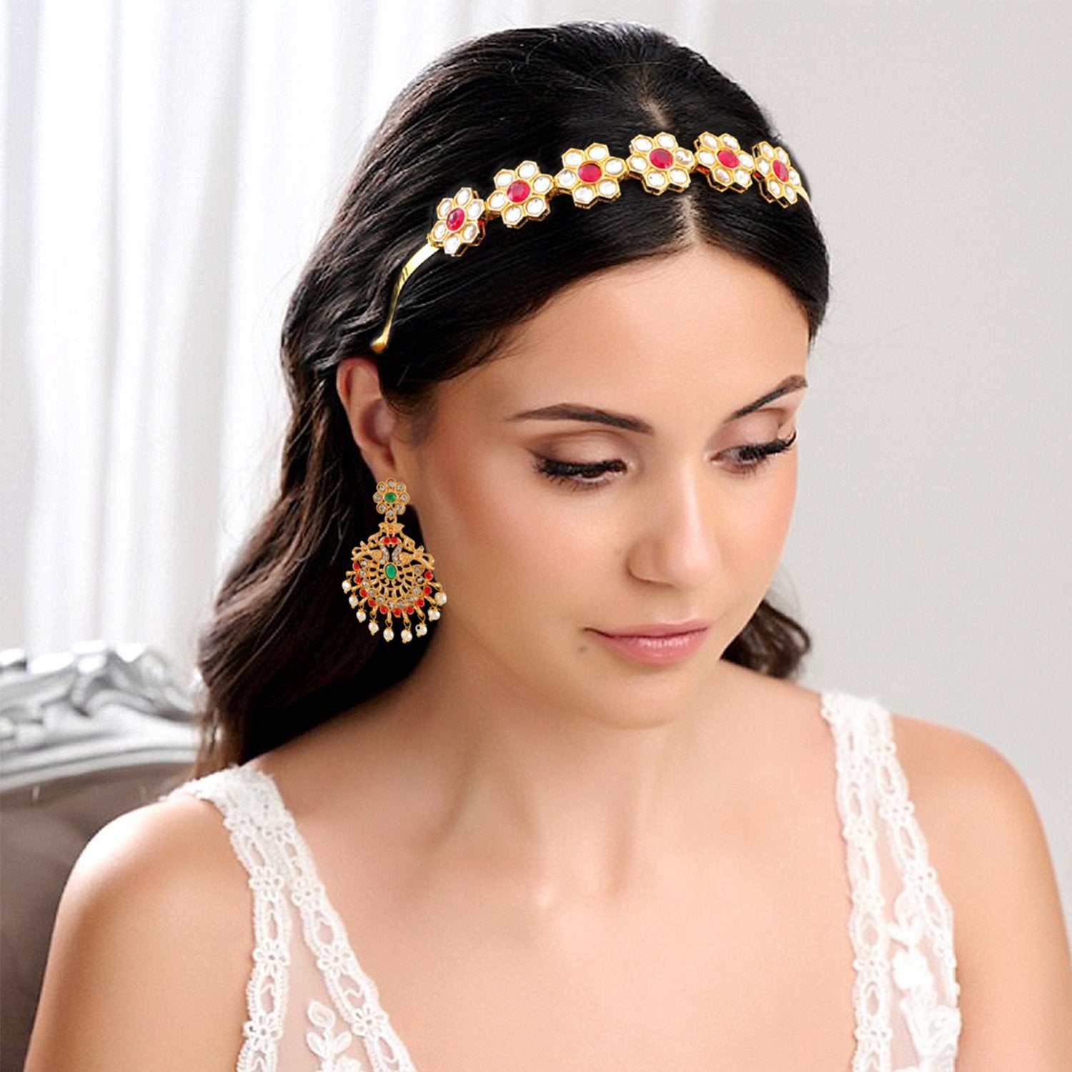 Ethnic Mathapatti Kundan Hairband and Earrings Set image 1