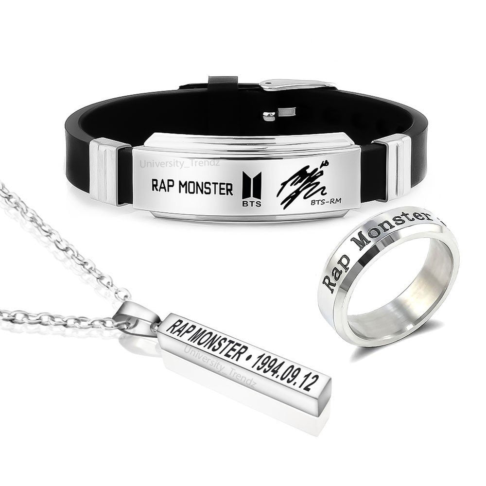 BTS Rap Monster Tri Combo Pack of BTS Bracelet, Silver Ring and Pendant image 0