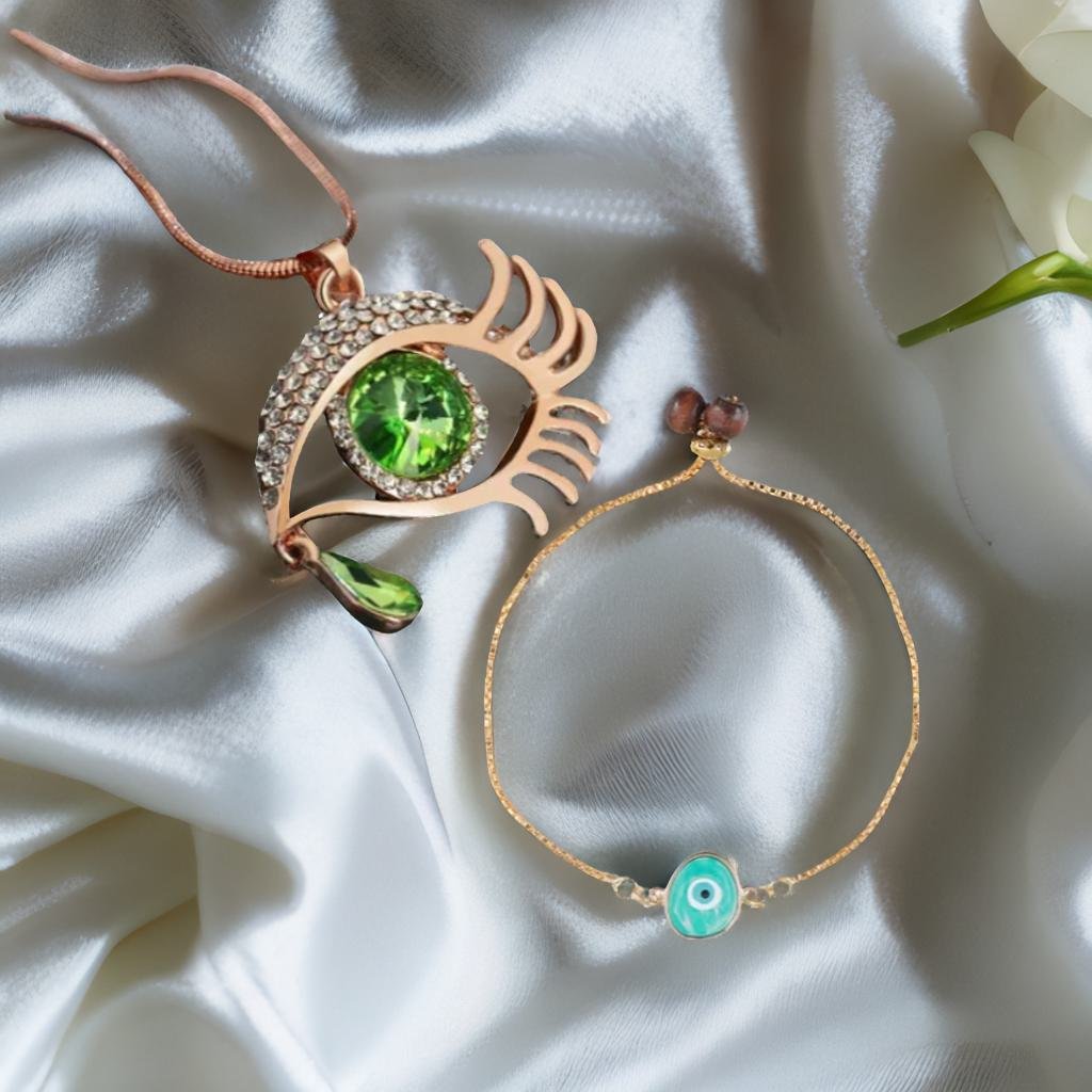 Valentine's Day Jewelry Gift Set Angel Green Eye Pendant Chain Necklace with Green Bracelet image 2