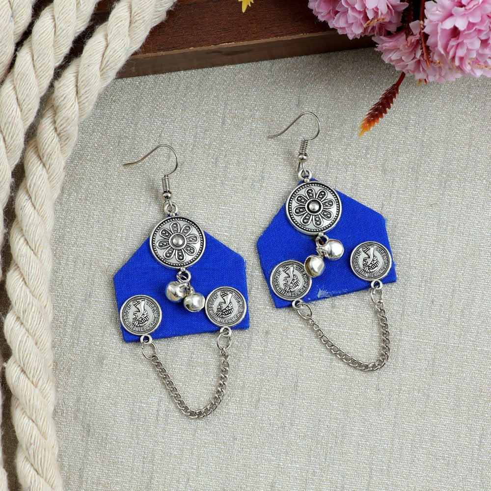 Royal Blue Fabric Chain String Dangler Earrings image 2