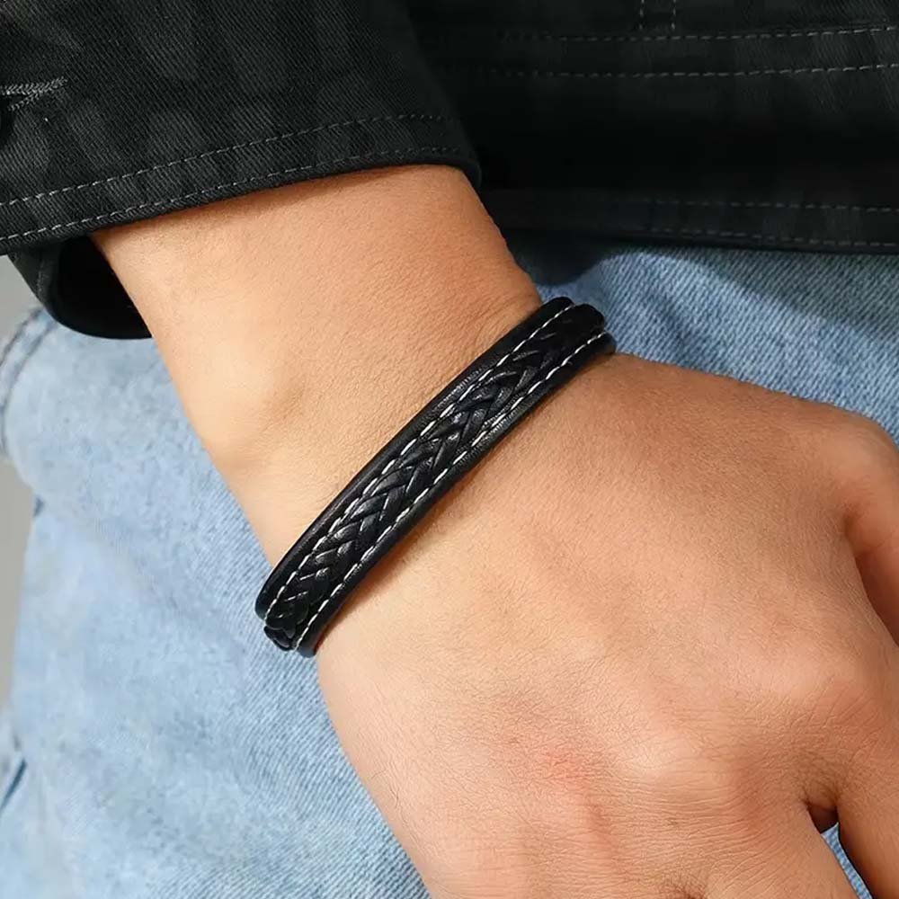Men's Braided Leather Bracelet with Steel Magnetic Clasp image 5