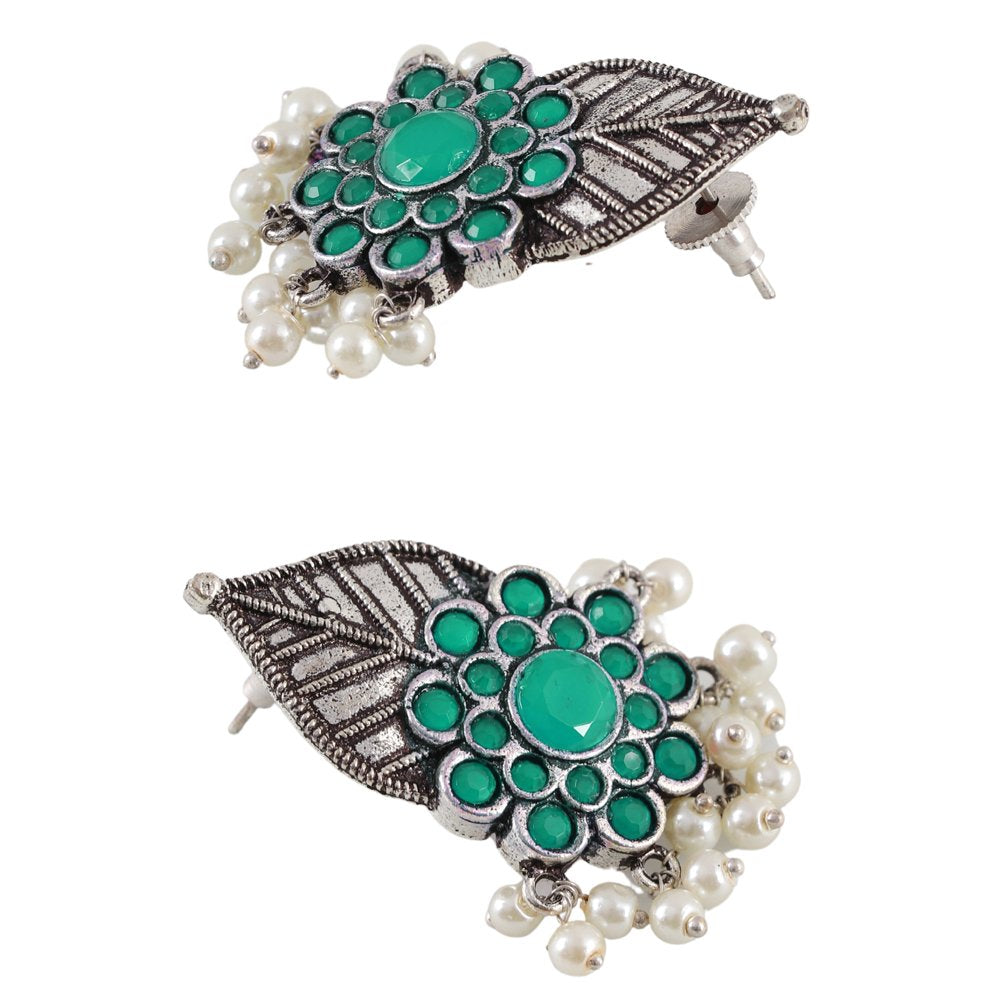 Oxidized Silver Leaf Green Stone/Pearl Stud Earrings image 2
