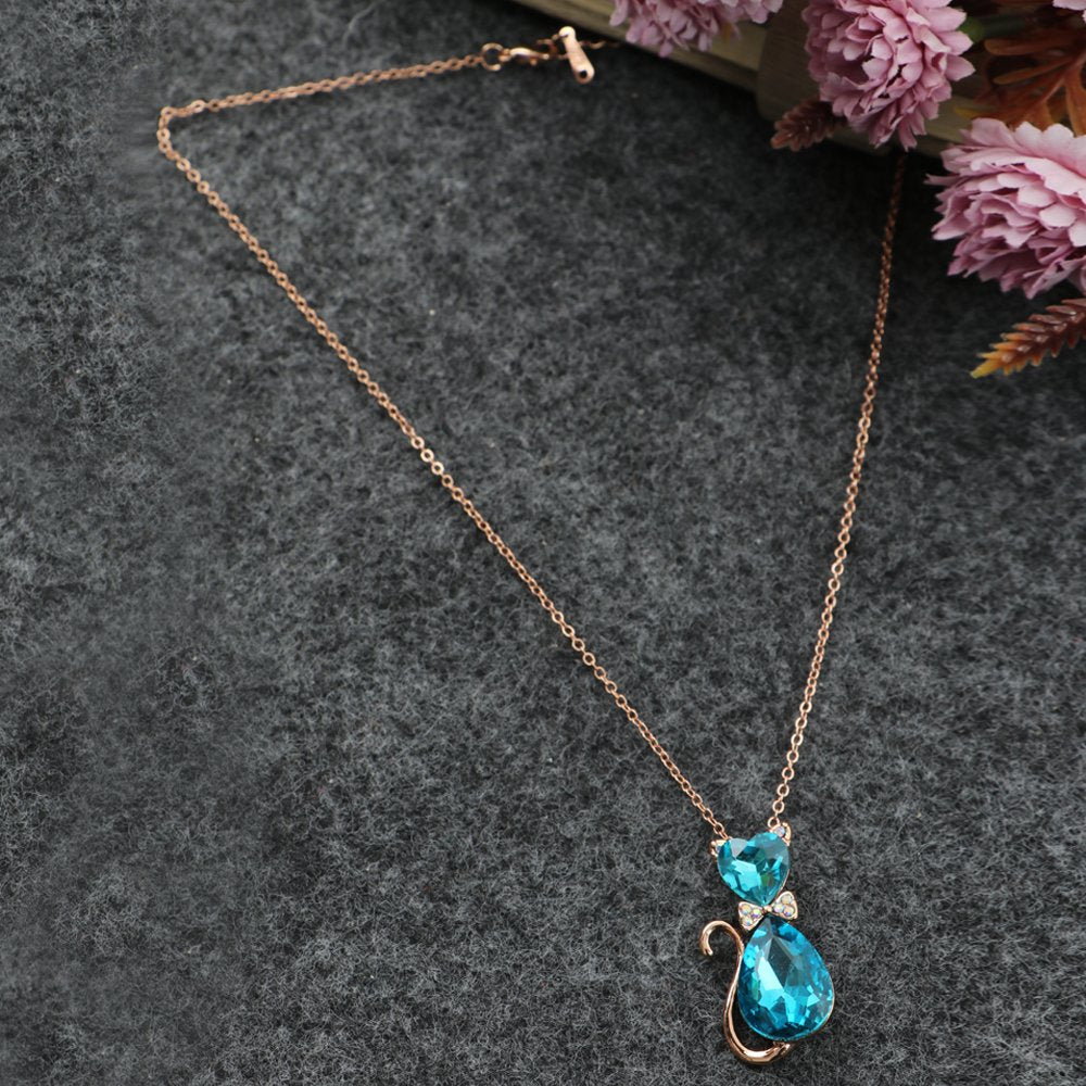Gold-Plated Blue Crystal Cat Shape Pendant Necklace For Women/Girl's image 1