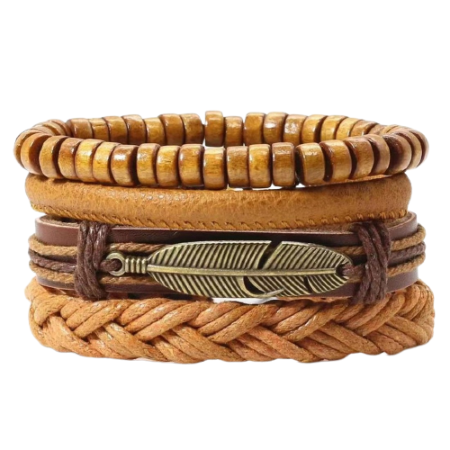 Bohemian Style Oxidized Silver Leaf Multistring Brown Wrap Bracelet For Men image 3