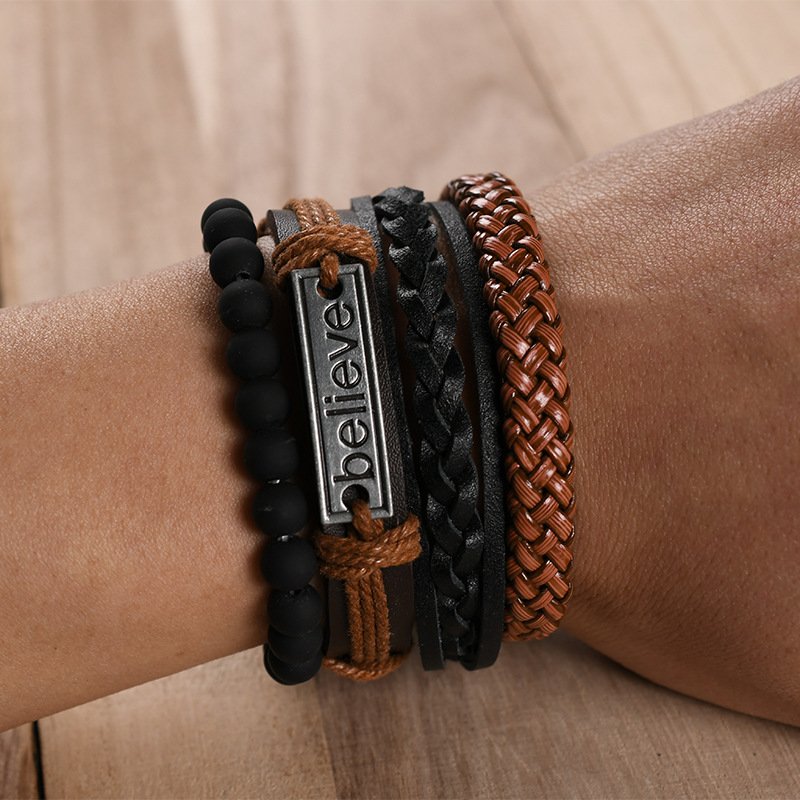 Believe Men's Duo Black & Brown Leather Multi-strand Bracelet Combo Set image 3