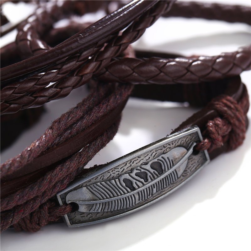 Bohemian Men's Oxidized Silver Feather Multistring Wrap Bracelet image 2