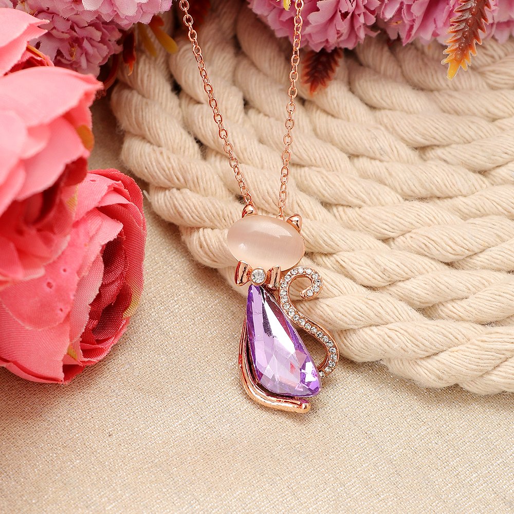 Gold-Plated Cat Style Crystal Purple Studded Pendant Necklace image 0