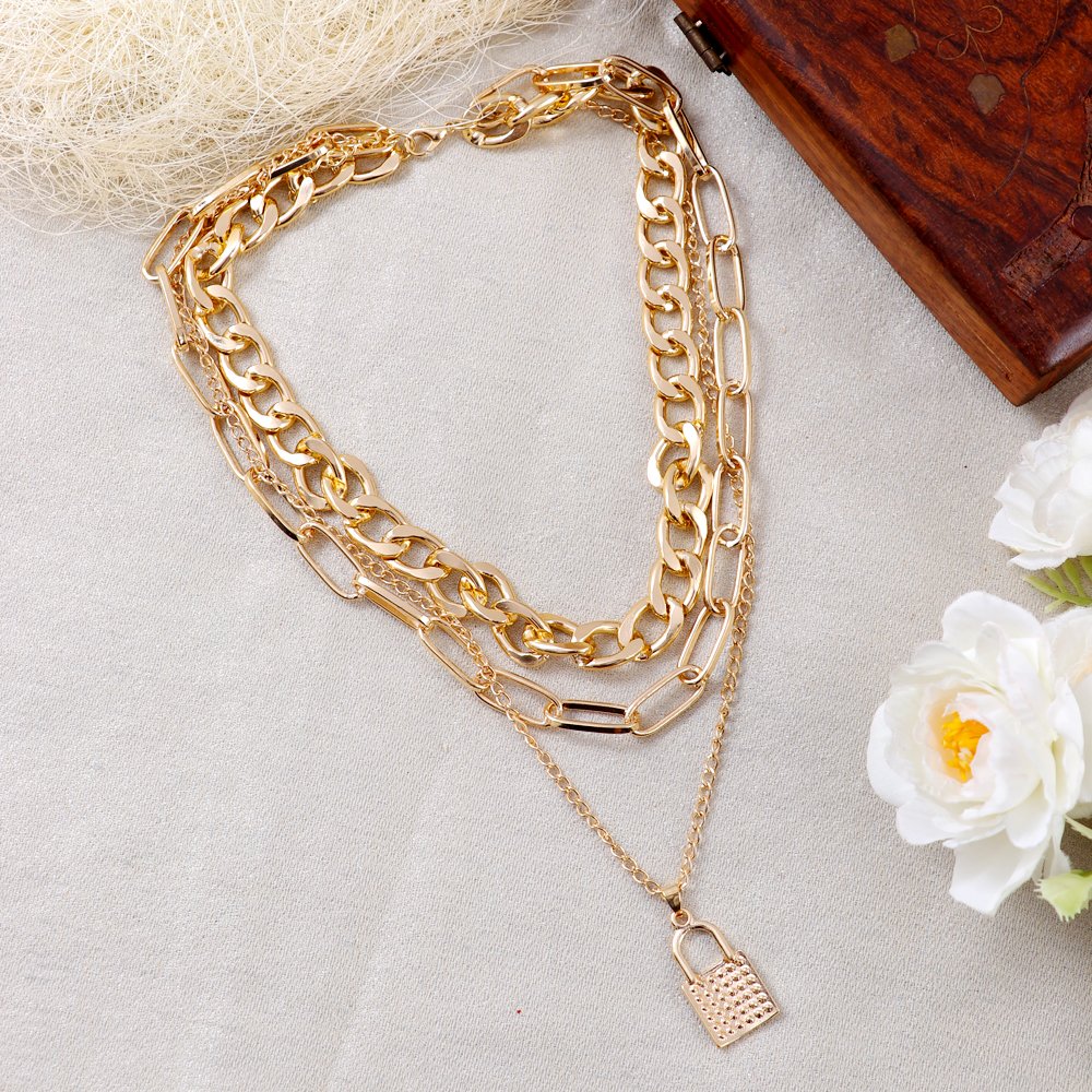 Gold-Tone Lock Inspired Layered Necklace image 0