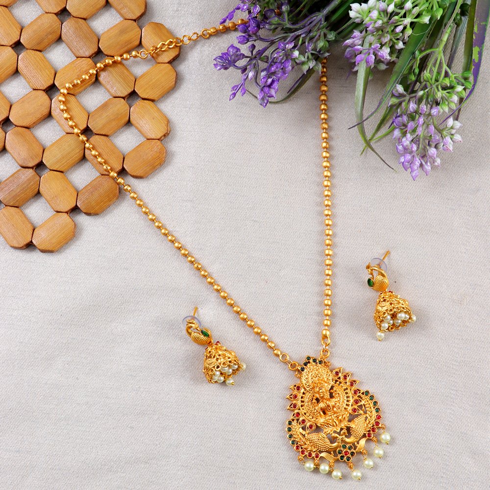 Gold-Plated Divine Lakshmi Peacock Long Necklace Set image 2