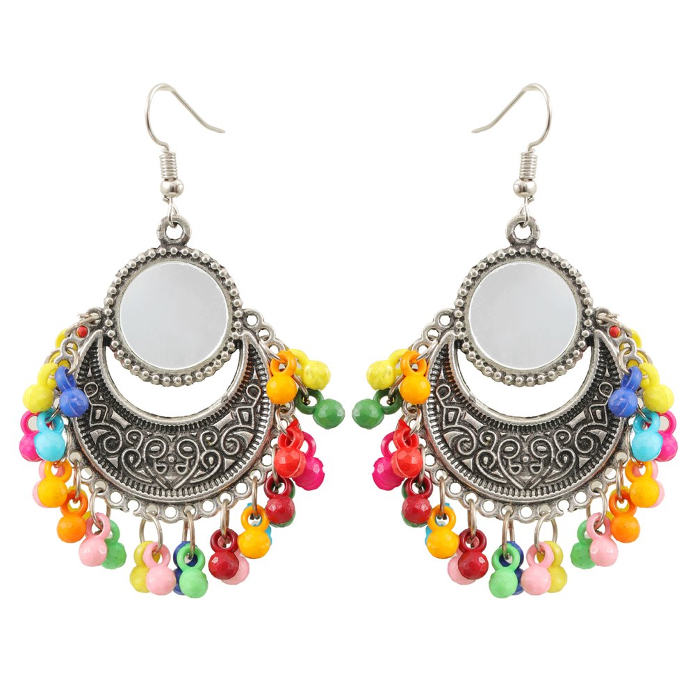 Oxidised Silver Mirror Chandbali Multi Pearl Earrings image 3