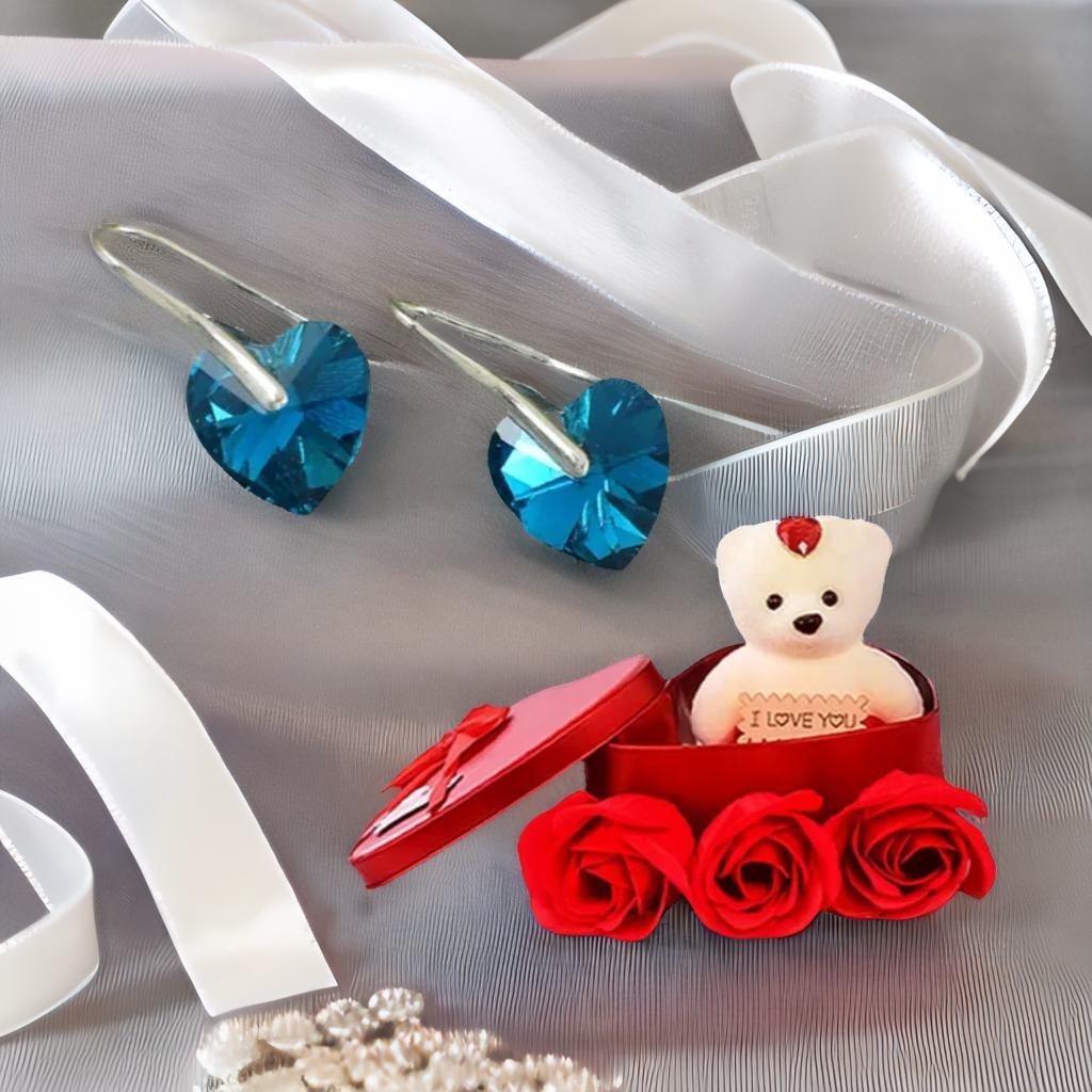 Heart Stud Drop Earrings With Red Teddy Bear Gift Combo Set image 0