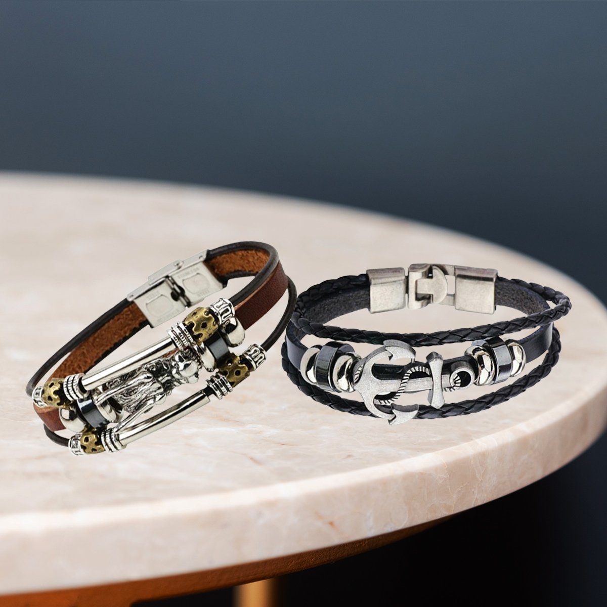 Men's Leather Silver-plated Multistrand Bracelet Combo (Pack of 2) image 0