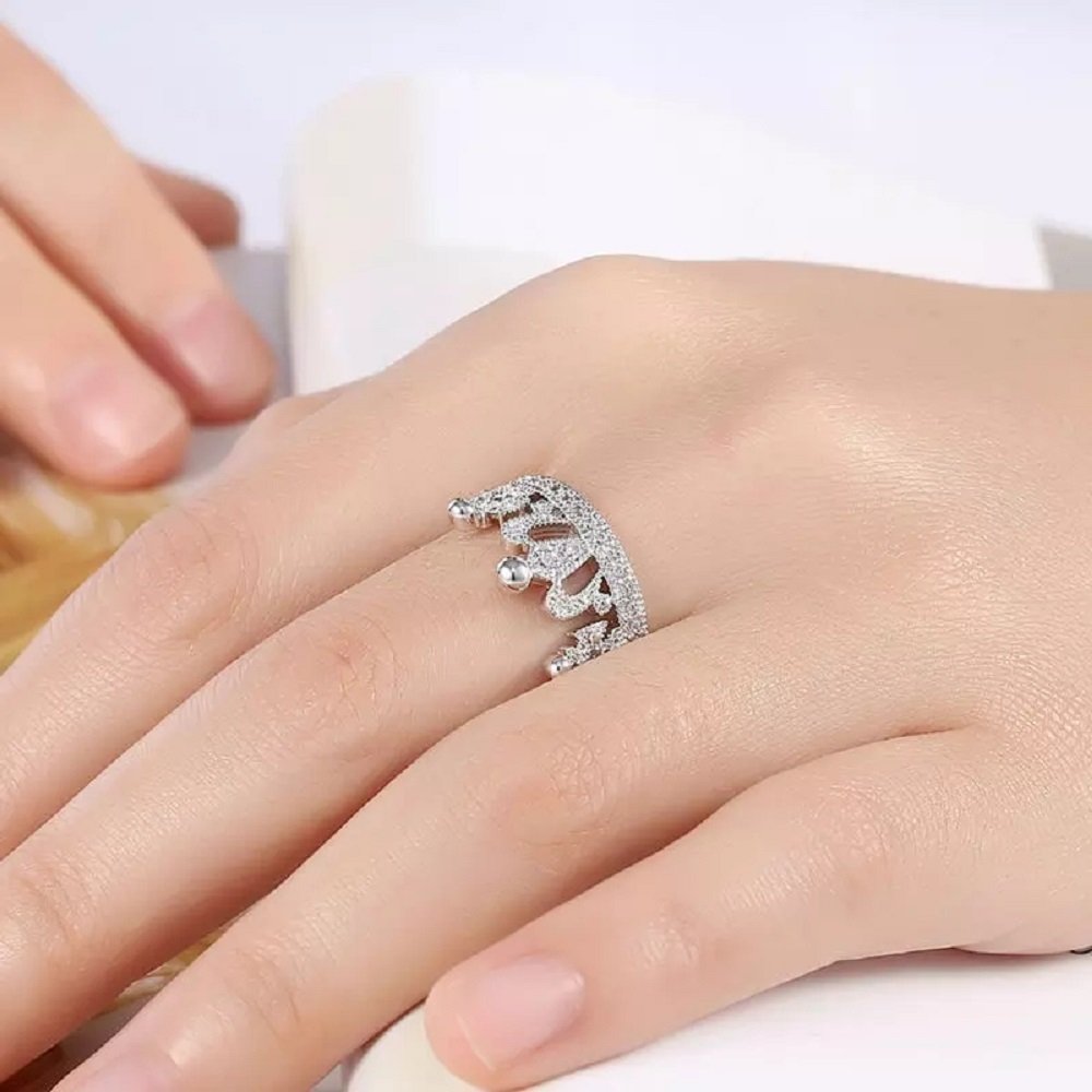 Sparkling Silver-Plated Crystal Studs Crown Finger Ring image 1