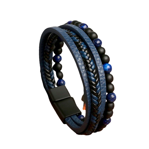 Bold Blue Leather Bracelet Black Beads for Men image 2