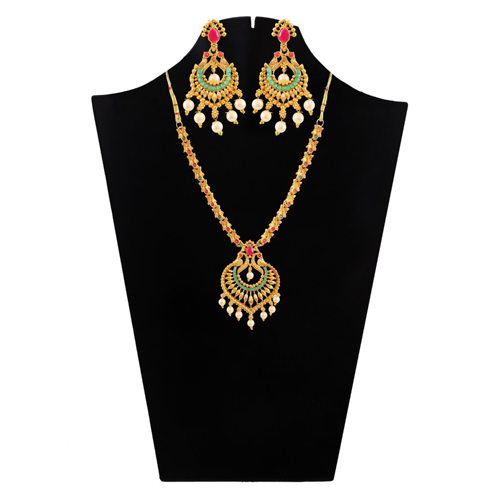 Gold-Plated Red & Green Stone Peacock Necklace Set image 3